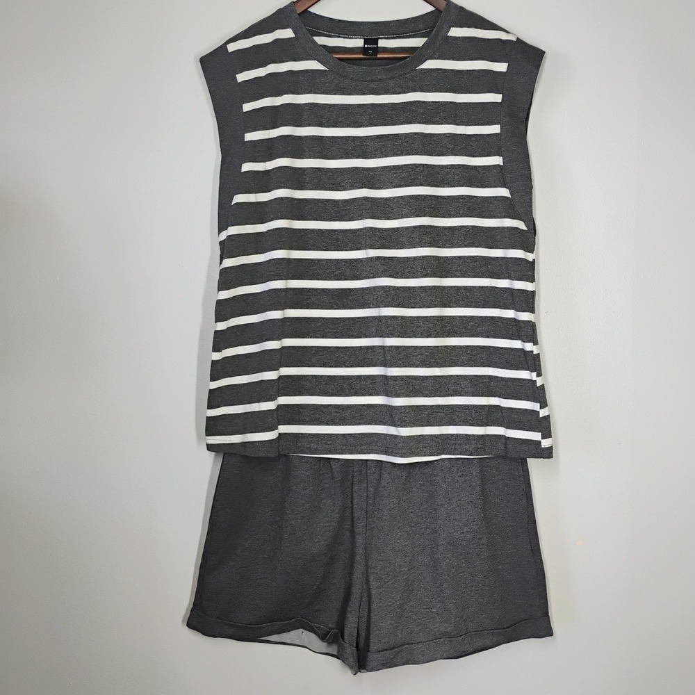 Rubzoof 2 Piece Outfit Gray Striped Womens Large Lightweight Lounge Travel - Picture 2 of 16